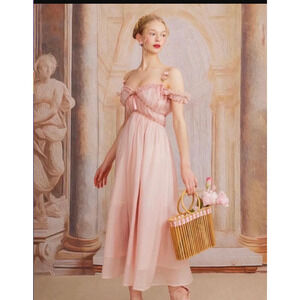 70’s VTG Pink Floral Chiffon Maxi Prom Dress Long Sleeves Wide Sweep Skirt XS